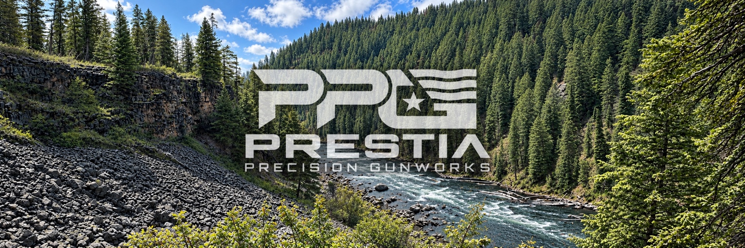 Prestia Precision Gunworks logo over a summer river and forest panorama