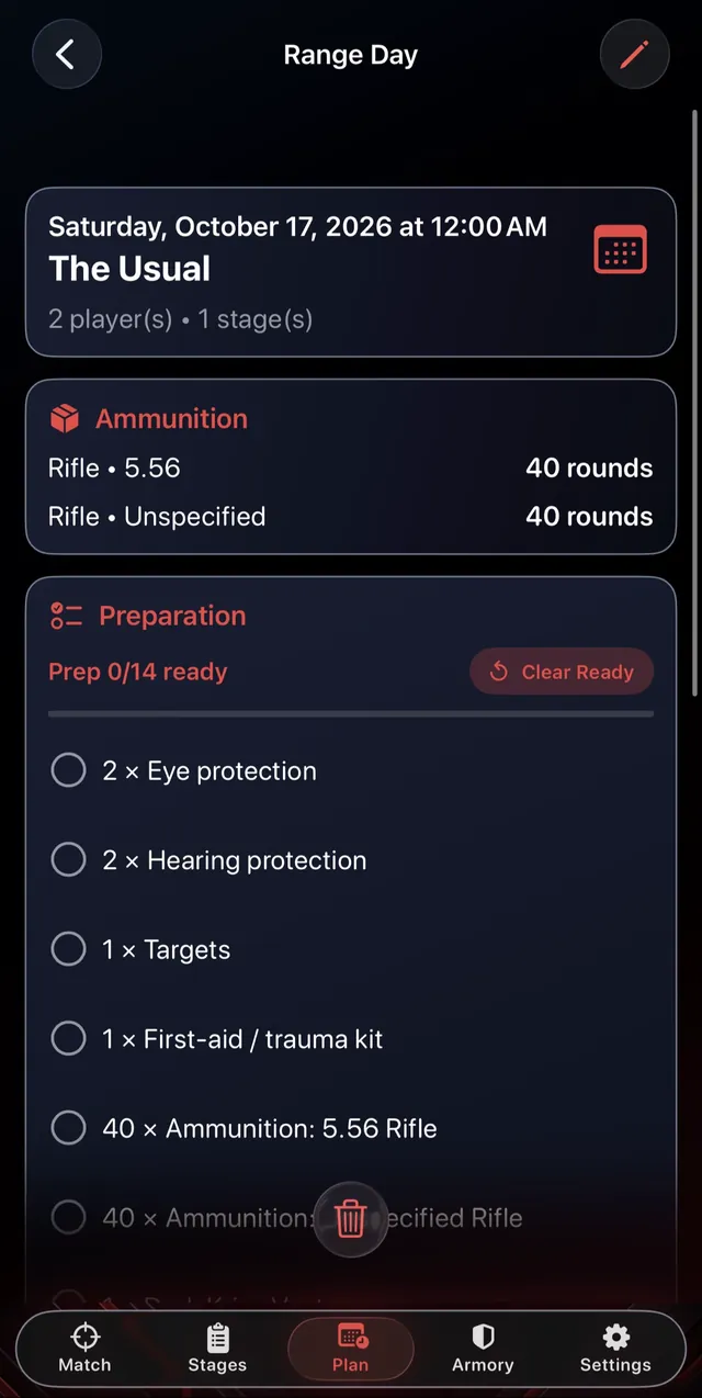 PPG Track & Train screenshot: Range day details